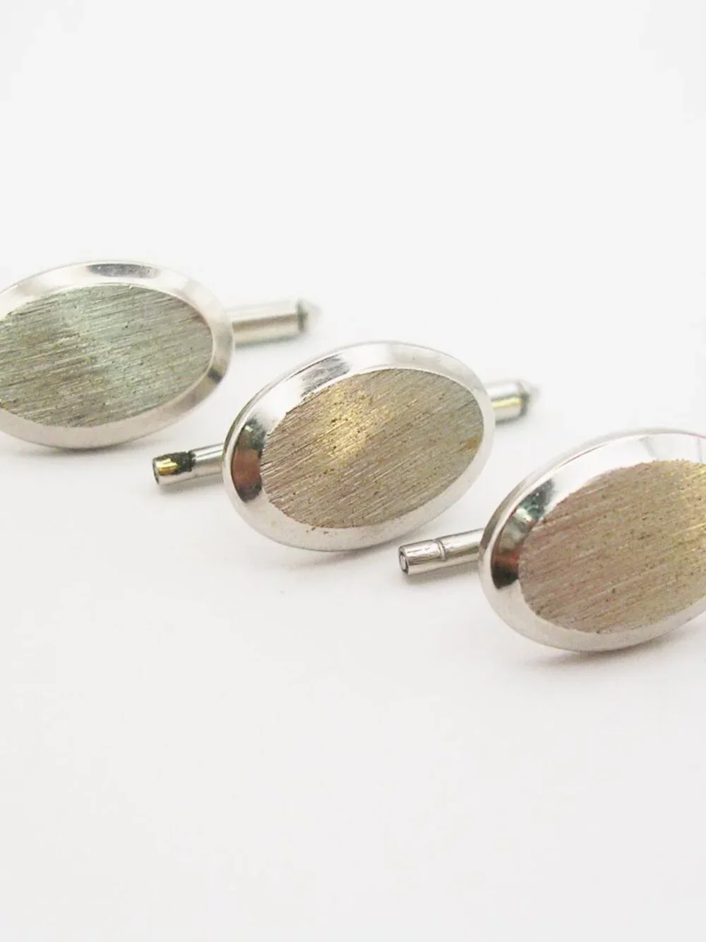 Vintage Tuxedo Studs Waistcoat Buttons Set of 3 oval silver tone Spring shanks